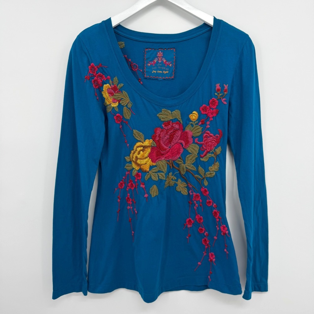Johnny Was JWLA Top Shirt Size S M Embroidered Knit Long Sleeve Boho Romantic